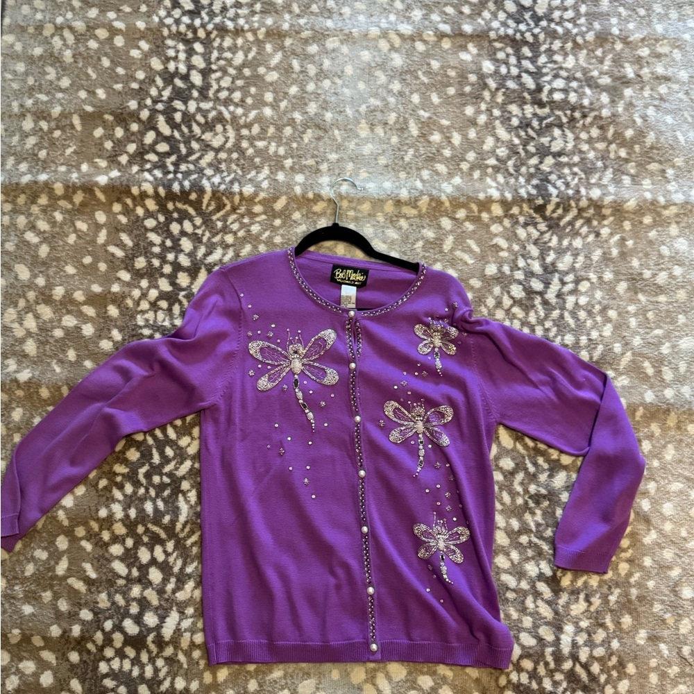 Purple Cardigan with Dragonfly Embellishments